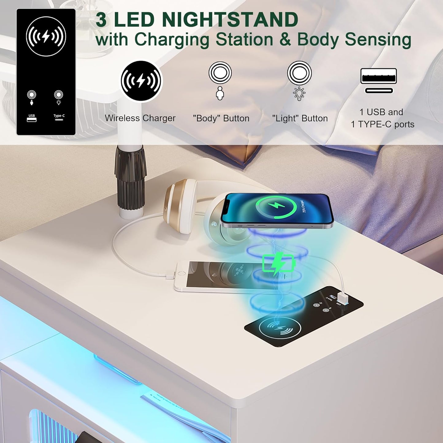 Vintagioo® Nightstand with Wireless Charging Station